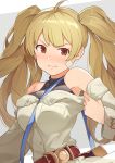  1girl ahoge armpits bandaid_on_cheek bangs bare_shoulders belt belt_buckle between_breasts blonde_hair blush breasts brown_belt brown_eyes buckle buttons closed_mouth commentary_request embarrassed eyebrows_visible_through_hair granblue_fantasy hinami_(hinatamizu) long_hair long_sleeves looking_at_viewer medium_breasts monica_weisswind off-shoulder_shirt off_shoulder shiny shiny_hair shirt simple_background solo strap_between_breasts sweat sweatdrop twintails upper_body v-shaped_eyebrows white_background 