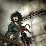  amagaya_(rat-tat-tat) bad_id bad_pixiv_id black_hair coat empty_eyes hat hishaku murasa_minamitsu open_mouth parody rain sail sailor sailor_collar sailor_hat ship short_hair solo touhou watercraft 