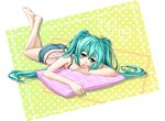  aqua_eyes aqua_hair bad_id bad_pixiv_id barefoot blush crossed_legs feet foreshortening hands hatsune_miku long_hair lying marie_no13 midriff on_stomach pillow solo twintails vocaloid 