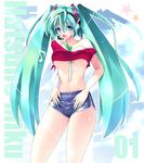 aqua_hair bad_id bad_pixiv_id between_breasts blue_eyes blush breasts hatsune_miku headset long_hair medium_breasts navel open_mouth scatter_milk shorts solo spring_onion twintails underboob very_long_hair vocaloid wristband 
