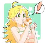  1girl ahoge blonde_hair cream eating green_eyes hoshii_miki idolmaster idolmaster_(classic) long_hair natsumi_hajime sexually_suggestive solo sweatdrop 