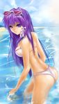  ass bad_anatomy bikini clannad fujibayashi_kyou highres long_hair purple_eyes purple_hair rarekusu sunglasses swimsuit wading water 
