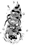  crossed_arms drill front_ponytail greyscale japanese_clothes kagiyama_hina kannazuki_hato monochrome ribbon ringed_eyes rock simple_background solo touhou 