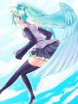  aqua_eyes aqua_hair ayo bad_id bad_pixiv_id cloud day detached_sleeves hair_wings hatsune_miku head_wings long_hair looking_back skirt sky solo thighhighs twintails very_long_hair vocaloid wings 