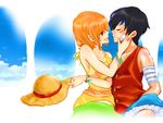  1girl bad_id bad_pixiv_id bandages black_hair brown_eyes closed_eyes cloud gunpei hat imminent_kiss monkey_d_luffy nami_(one_piece) one_piece orange_hair scar short_hair straw_hat 