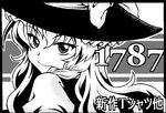  black_border border circle_cut greyscale hat kirisame_marisa long_hair looking_back macaroni_and_cheese monochrome smile solo touhou 