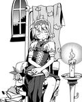  alice_margatroid book candle chair doll fire flame forest greyscale hairband kannazuki_hato monochrome nature shanghai_doll short_hair simple_background sleeping solo touhou window 