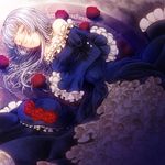  dress flower frills hat hime_cut long_hair lying misumi_kouji one_eye_closed rose silver_hair solo too_many too_many_frills umineko_no_naku_koro_ni virgilia 