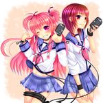  angel_beats! bad_id bad_pixiv_id belt choker cross demon_tail fang iwasawa long_hair microphone multiple_girls pink_eyes pink_hair purple_hair red_eyes saotome_mirai school_uniform serafuku short_hair sleeves_rolled_up smile tail thigh_strap two_side_up yui_(angel_beats!) 