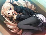  akatsuki_no_goei black_legwear blonde_hair blush box drill_hair fetal_position game_cg hair_ribbon in_box in_container jpeg_artifacts kokudou_kyouka long_hair necktie open_mouth panties panties_under_pantyhose pantyhose red_eyes ribbon solo surprised tomose_shunsaku twin_drills twintails underwear 