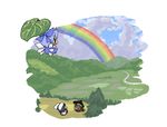  baku_taso chen chibi cirno flying inaba_tewi leaf leaf_umbrella multiple_girls rainbow touhou 