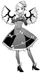  alternate_costume alternate_hairstyle animal_ears bare_shoulders dress elbow_gloves formal full_body gloves greyscale hair_ornament hair_up heart heart_hands high_heels kannazuki_hato monochrome mystia_lorelei pantyhose shoes simple_background smile solo standing touhou wings 