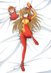  absurdres arm_up bed_sheet blue_eyes bodysuit brown_hair doll evangelion:_2.0_you_can_(not)_advance from_above hand_behind_head highres humangate leg_up long_hair lying neon_genesis_evangelion on_back plugsuit rebuild_of_evangelion shikinami_asuka_langley shiny skin_tight solo souryuu_asuka_langley stuffed_toy test_plugsuit 