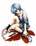  ayanami_rei black_legwear blue_hair bra_strap digital_media_player earphones earphones_removed evangelion:_2.0_you_can_(not)_advance full_body head_tilt leg_up legs neon_genesis_evangelion nerv off_shoulder rebuild_of_evangelion red_eyes ribbon school_uniform shoes short_hair simple_background sitting socks solo togetsuhou unbuttoned 