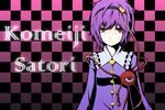  blouse character_name checkered checkered_background eyes gayprince komeiji_satori purple_eyes purple_hair short_hair smile solo touhou 