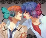  angel_beats! blue_hair bug butterfly butterfly_hair_ornament eye_contact face-to-face food fruit hair_ornament headphones hinata_(angel_beats!) insect looking_at_another magnet_(vocaloid) male_focus mouth_hold multiple_boys orange_eyes orange_hair otonashi_(angel_beats!) parody school_uniform strawberry vocaloid yaoi zhuo_mi 