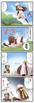  4koma baseball_mitt baseball_uniform blush bow brown_eyes brown_hair comic green_eyes green_hair hair_bow hat highres kikusaka_kochou kneehighs lielos locust long_hair multiple_girls o_o running sakurami_kyouko shorts socks sportswear taishou_yakyuu_musume translated twintails 