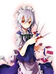  braid izayoi_sakuya knife maid red_eyes shiroshi_(denpa_eshidan) short_hair silver_hair solo touhou twin_braids 