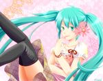  aqua_eyes aqua_hair bad_id bad_pixiv_id dress flower hair_flower hair_ornament hatsune_miku legs long_hair minatsuki_lisa sitting smile solo thighhighs twintails vocaloid 