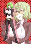  adjusting_clothes adjusting_gloves bespectacled between_breasts breasts cleavage cosplay crimson_viper crimson_viper_(cosplay) glasses gloves green_hair kazami_yuuka large_breasts midriff necktie necktie_between_breasts polka_dot polka_dot_background red_eyes sagattoru short_hair solo street_fighter street_fighter_iv_(series) touhou zoom_layer 