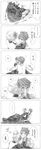  1boy 1girl beatrice blush bug butterfly comic dress flower greyscale hair_ornament highres insect jacket kiss monochrome necktie translated umineko_no_naku_koro_ni ushiromiya_battler 