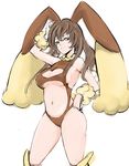  animal_ears bad_id bad_pixiv_id breasts brown_hair brown_leotard bunny_ears bunny_tail cleavage cleavage_cutout curvy gen_4_pokemon grin hand_on_hip large_breasts leotard long_hair lopunny midriff navel personification pokemon pose revealing_clothes sideboob simple_background smile solo tail underboob white_background xinjing 