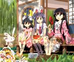  animal_ears bamboo barefoot black_hair blue_eyes bunny bunny_ears extra_ears fan food fruit houraisan_kaguya inaba inaba_tewi long_hair multiple_girls necktie paper_fan porch purple_hair red_eyes reisen_udongein_inaba ruu_(tksymkw) short_hair sitting soaking_feet spitting summer touhou tub uchiwa veranda water watermelon 