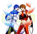  ahoge bad_id bad_pixiv_id belt blue_hair brown_hair genderswap genderswap_(ftm) gloves kaito male_focus meito multiple_boys music pants red singing tome_(yoneda) vocaloid 