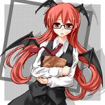  :o bag bat_wings bespectacled glasses head_wings koakuma long_hair necktie red_eyes red_hair red_neckwear skirt solo touhou vest wings yasojima_nejiro 