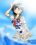  black_hair competition_swimsuit face green_eyes hat murasa_minamitsu one-piece_swimsuit onsoku_maru sailor sailor_collar sailor_hat see-through short_hair solo swimsuit swimsuit_under_clothes touhou wet 