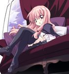  blush cha_(mika) crossed_legs from_below long_hair looking_down louise_francoise_le_blanc_de_la_valliere pink_hair sitting skirt solo thighhighs zero_no_tsukaima 