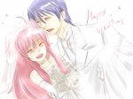  1girl ahoge angel_beats! bad_id bad_pixiv_id blue_hair bouquet bride carrying choker couple dress flower good_end happy hasuno_mia hetero hinata_(angel_beats!) pink_hair princess_carry spoilers tuxedo wedding_dress yui_(angel_beats!) 