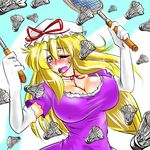  badminton badminton_racket blonde_hair blush breasts cleavage danna_(karatekikku) dress elbow_gloves gloves hat large_breasts long_hair purple_dress purple_eyes racket ribbon shuttlecock solo touhou white_gloves yakumo_yukari 