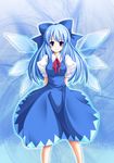  alternate_hair_length alternate_hairstyle arms_behind_back blue_eyes blue_hair bow cirno dress hair_bow highres large_bow long_hair neck_ribbon older ribbon smile solo sorato_(akito) touhou wings 