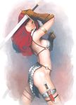  armor ataruman bikini_armor breasts dagger gloves highres loincloth long_hair looking_back medium_breasts no_panties o-ring o-ring_bottom o-ring_top pelvic_curtain red_hair red_sonja red_sonja_(comics) sideboob solo sword weapon 