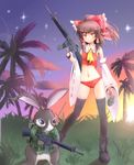  assault_rifle bad_id bad_pixiv_id bikini_bottom black_legwear boots botasky bow brown_hair bunny cat_shit_one contrapposto cravat crop_top crossover detached_sleeves explosive grenade gun hair_bow hakurei_reimu legs m16 midriff navel red_eyes rifle short_hair solo standing sumapan thighhighs touhou trigger_discipline weapon 