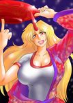  blonde_hair breasts cleavage cup danna_(karatekikku) fangs horn hoshiguma_yuugi huge_breasts lips long_hair red_eyes sakazuki solo touhou 