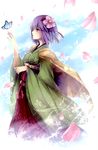  1girl absurdres bow butterfly butterfly_on_hand camellia_(flower) capelet female fingernails flower hagiwara_rin hair_ornament hieda_no_akyuu highres japanese_clothes kimono large_bow nail_polish profile purple_eyes purple_hair short_hair solo touhou wide_sleeves 