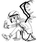  alternate_costume dress fang flandre_scarlet greyscale hat kannazuki_hato monochrome simple_background solo touhou wings 