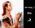  alba_meira cup male_focus red_hair solo sunglasses tattoo teacup text_focus the_king_of_fighters 