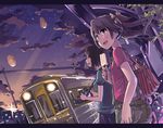  bad_id bad_pixiv_id bag brown_eyes brown_hair camera chanchan food ground_vehicle lights long_hair multiple_girls open_mouth original ponytail popsicle single-lens_reflex_camera star_(sky) striped sunset suspenders train train_station 