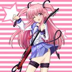  ahoge angel_beats! belt choker cross demon_tail fang guitar instrument long_hair mtu_(orewamuzituda) no_panties pink_eyes pink_hair school_uniform serafuku skirt solo tail thigh_strap two_side_up yui_(angel_beats!) 