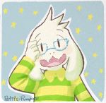  2018 anthro asriel_dreemurr black_eyes blue_background blush boss_monster bust_portrait caprine clothed clothing digital_media_(artwork) empty_eyes eyewear floppy_ears fur glasses goat green_clothing head_tilt head_tuft looking_at_viewer male mammal open_mouth open_smile petite-pumpkin portrait signature simple_background smile solo star striped_clothing sweater teeth undertale video_games white_fur yellow_clothing 