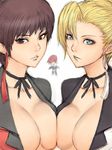 2girls asymmetrical_docking bangs black_eyes black_hair blonde_hair blurry breast_press breasts chibi choker depth_of_field earrings fumio_(rsqkr) hair_bun jewelry large_breasts looking_at_viewer mature_(kof) multiple_girls no_bra red_hair ribbon ribbon_choker short_hair silver_eyes simple_background single_earring sketch the_king_of_fighters upper_body vice white_background yagami_iori 