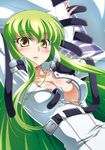  areolae arms_up blush breasts c.c. cleavage code_geass green_hair izumi_mahiru long_hair medium_breasts open_clothes solo strap yellow_eyes 