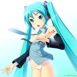  aqua_eyes aqua_hair breasts cameltoe detached_sleeves hatsune_miku headphones long_hair lowleg lowleg_panties microphone munashi_mujou necktie nipples no_pants panties small_breasts solo twintails underwear very_long_hair vocaloid wardrobe_malfunction 