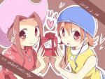  2girls box brown_background brown_eyes brown_hair card dated digimon digimon_adventure english_text gift gift_box hat heart heart-shaped_pupils helmet holding holding_gift looking_at_viewer multiple_girls oosuzu_aoi ribbon simple_background symbol-shaped_pupils tachikawa_mimi takenouchi_sora valentine 