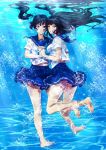  2girls barefoot black_hair highres holding_hands konekoneko_(indonesia) long_hair multiple_girls school_uniform serafuku twintails underwater 