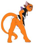  2019 anthro anus balls barefoot clothed clothing crossdressing digital_media_(artwork) domestic_cat eyebrows eyelashes felid feline felis fur green_eyes jailbird maid_uniform male mammal orange_body orange_fur penis simple_background solo uniform 