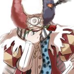  1boy afro argyle argyle_coat black_scarf blue_hair blue_scarf closed_mouth coat commentary_request eye_print fire flower flower_in_mouth hand_on_own_chin juliet_sleeves long_sleeves looking_at_viewer male_focus mask masked minstrel_(ragnarok_online) multicolored_hair natsuya_(kuttuki) polka_dot polka_dot_scarf puffy_sleeves ragnarok_online red_coat red_flower red_hair red_scarf rose scarf shirt simple_background smile smoke solo striped striped_scarf upper_body white_background white_hair white_scarf white_shirt 